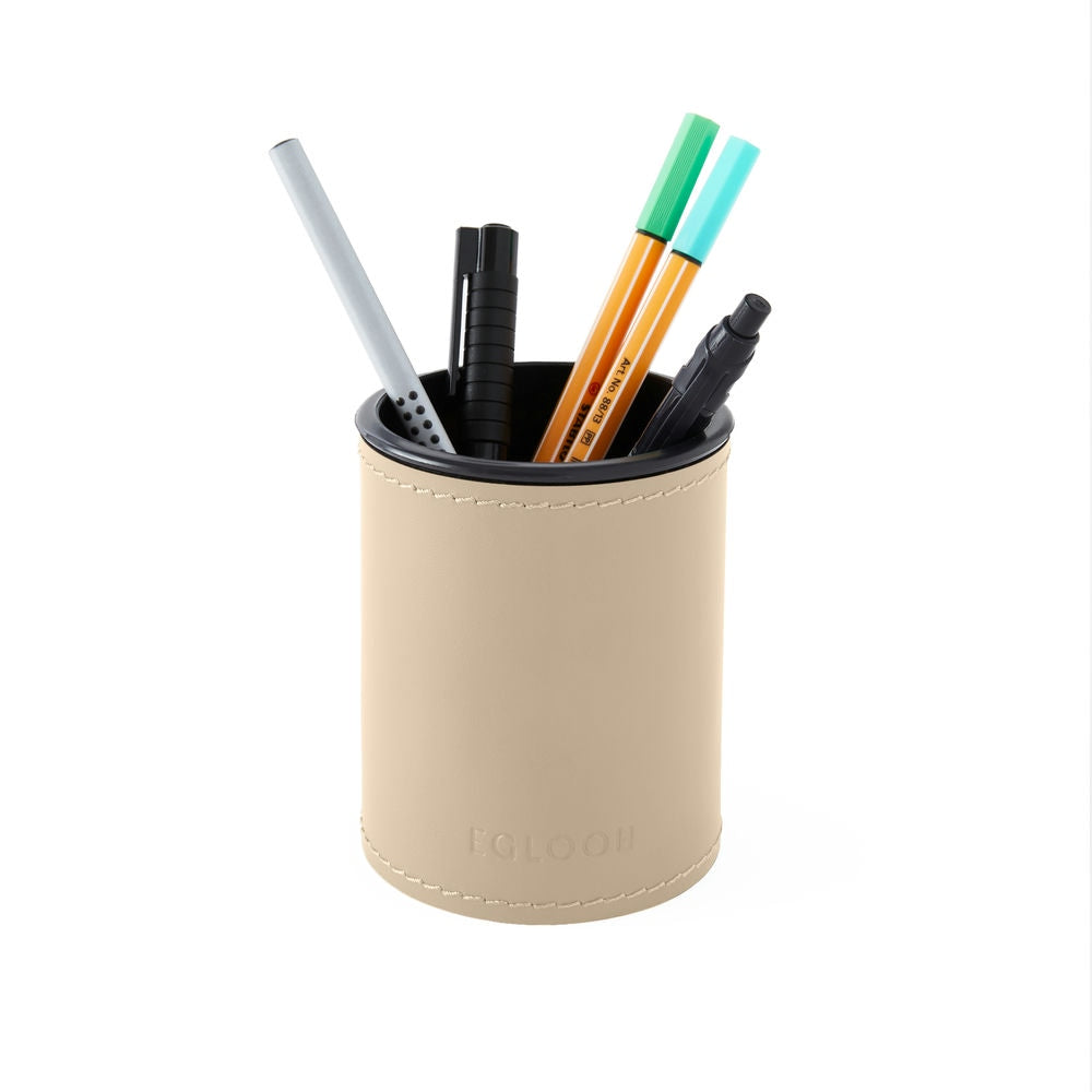 Portapenne da Scrivania Rotondo Orfeo di Eglooh - Cuoio Beige - Con Penne