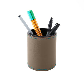 Portapenne in Pelle da Scrivania Zefiro Deluxe di Eglooh - Vera Pelle Grigio Talpa e Cuciture Azzurre - Con Penne
