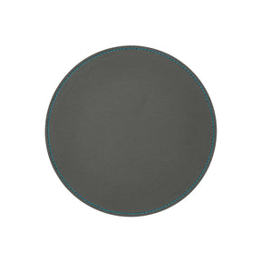 Tappetino Mouse Rotondo in Pelle Apollo Deluxe di Eglooh - Vera Pelle Grigio Antracite e Cuciture Azzurre